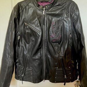Harley-Davidson Black Leather Jacket with Purple Embroidery